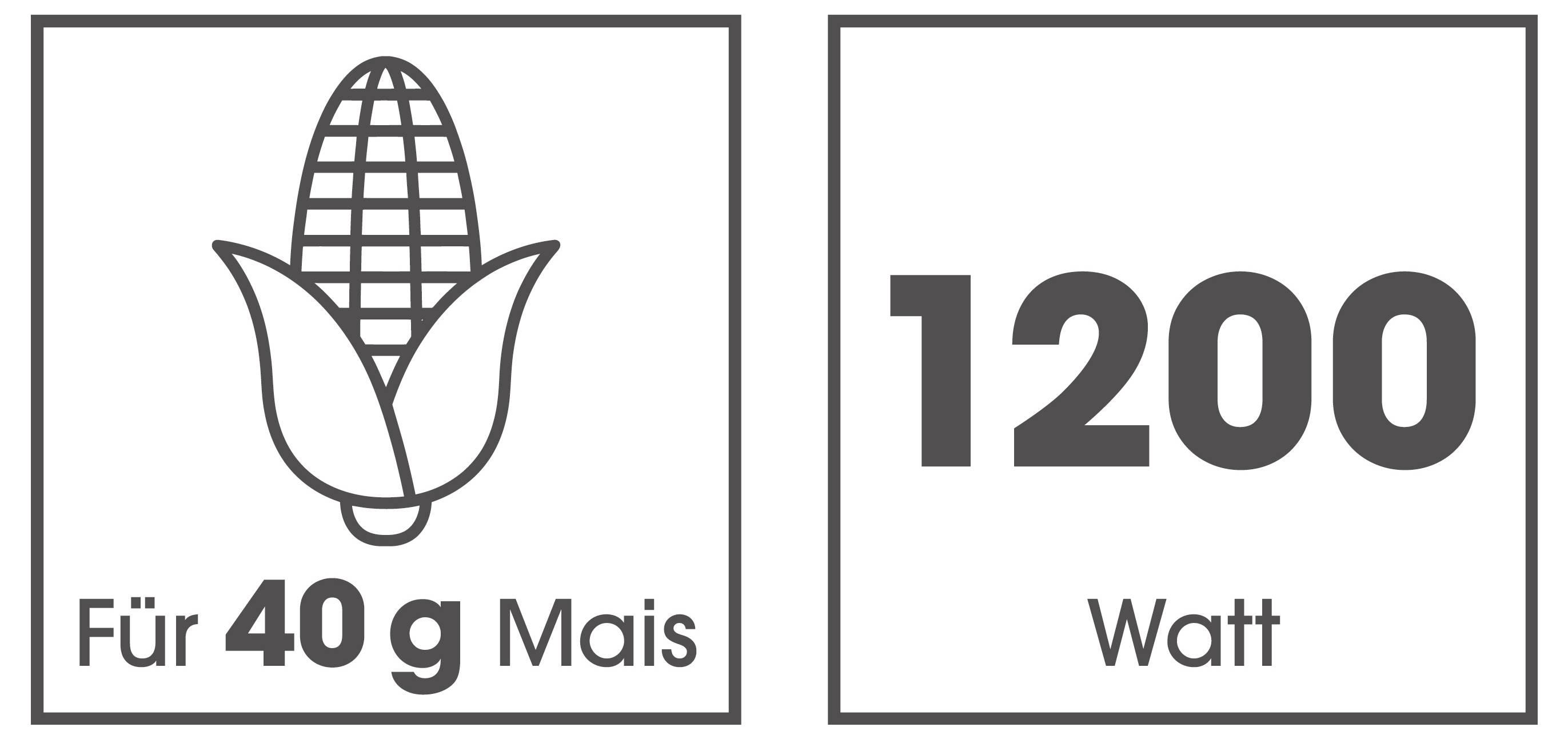 Piktogramm einer Maiskolben-Grafik mit dem Text 'Für 40 g Mais' neben einer Leistungsangabe '1200 Watt'.