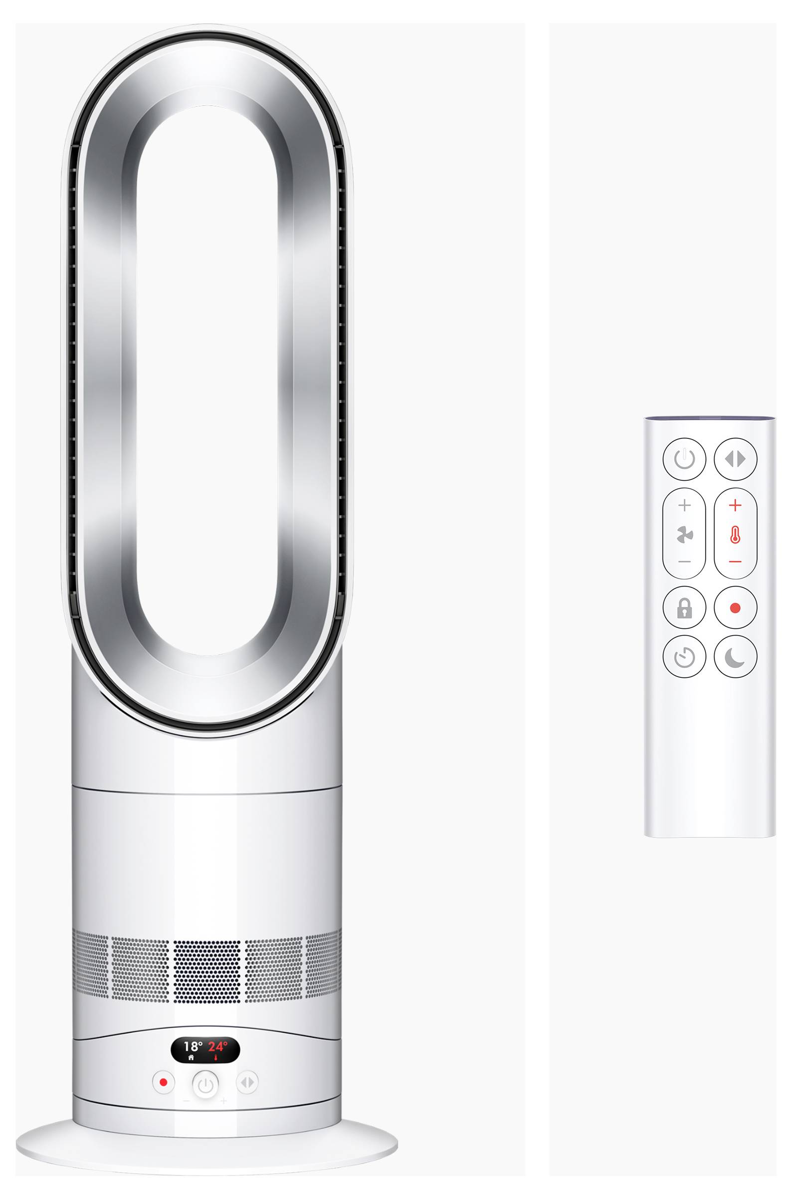 Silberner Turmventilator ohne Flügel mit digitaler Temperaturanzeige und einer daneben angezeigten Fernbedienung.
