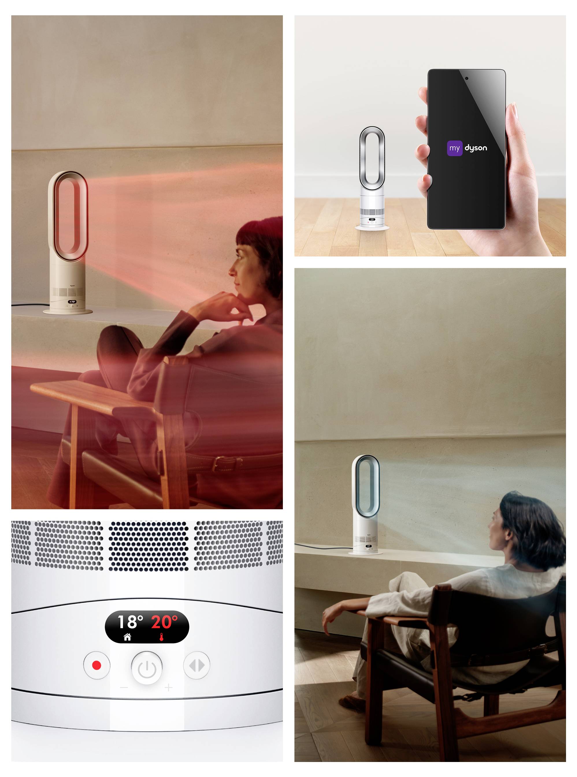 Collage zeigt einen blattlosen Dyson-Luftreiniger in einem Zimmer, mit roten und blauen Luftstromeffekten, einer Smartphone-App-Kontrollbildschirm und einer Nahaufnahme der Gerätebedienelemente.