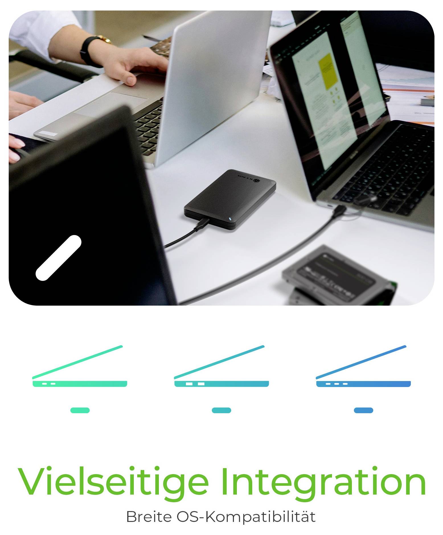 Promotionsgrafik mit Laptops, die mit einem tragbaren Laufwerk verbunden sind, mit drei farbigen Linien darunter und dem deutschen Text „Vielseitige Integration
