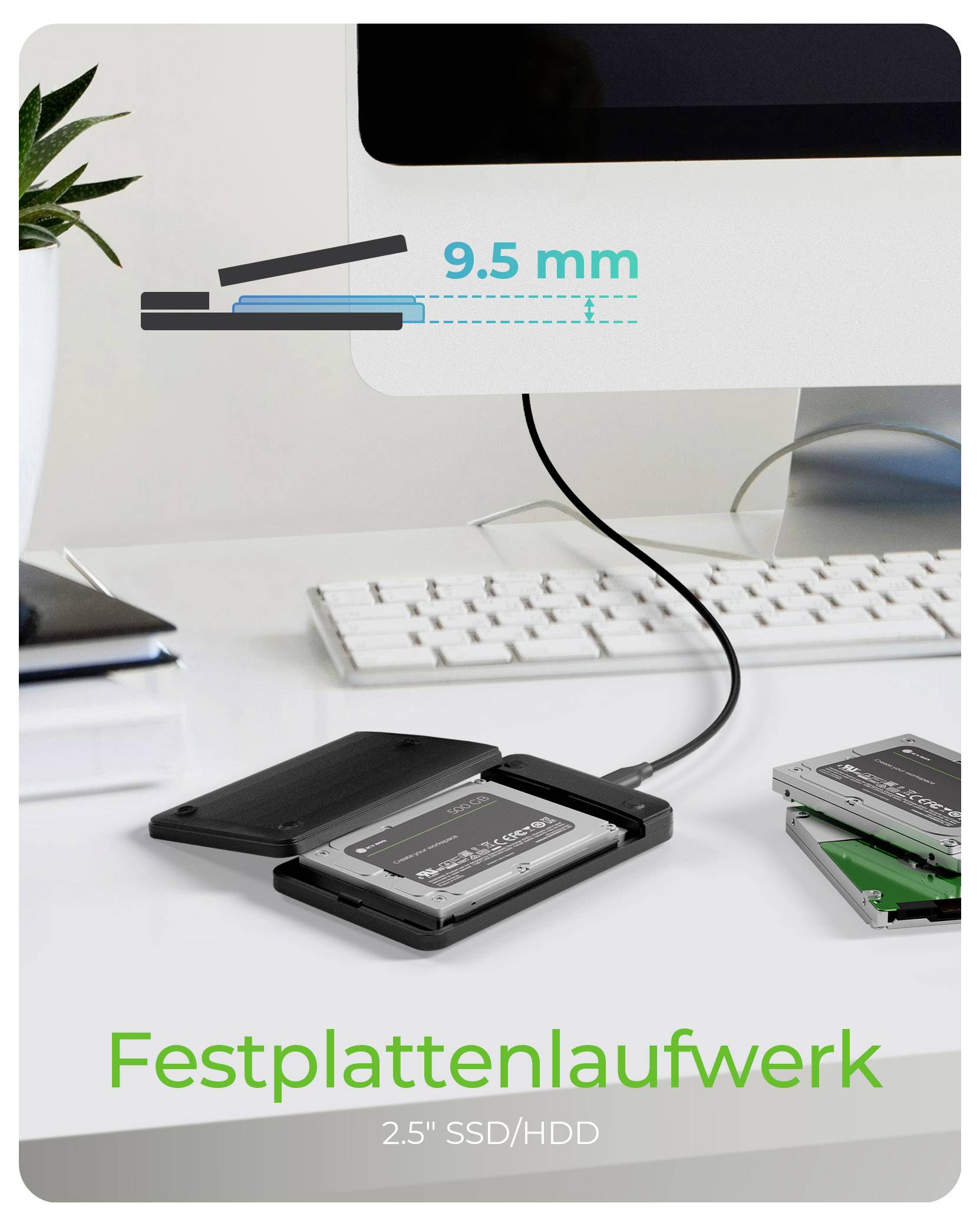 Produktbild einer schlanken 2,5-Zoll-SSD-/HDD-Gehäuse unter einem iMac, gekennzeichnet mit „Festplattenlaufwerk