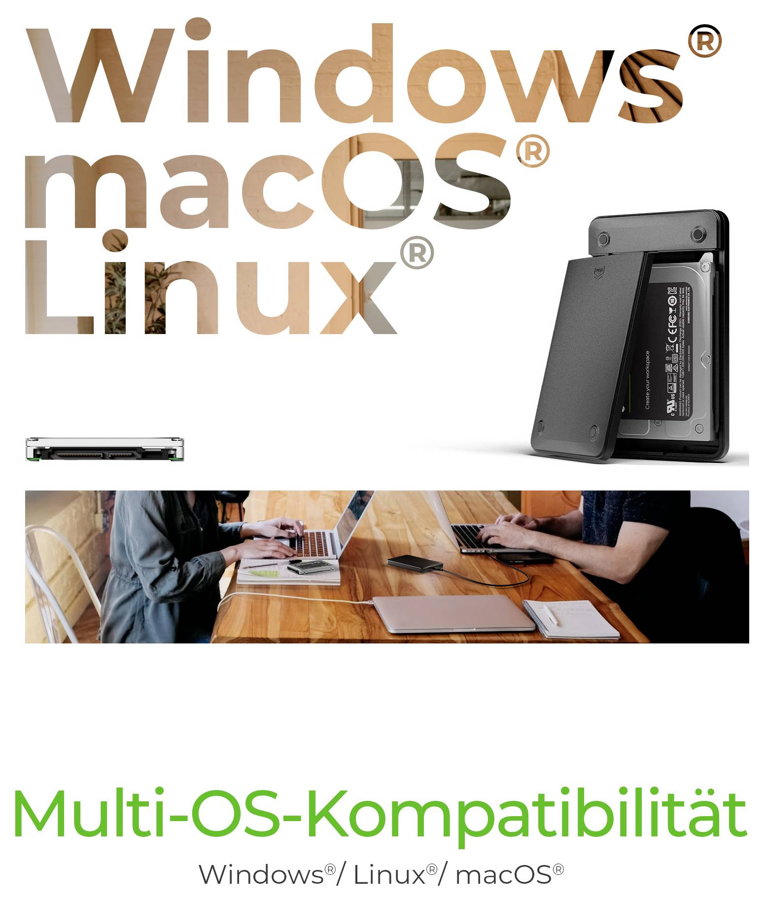 Multi-OS-KompatibilitätWerbegrafikfür Multi-OS-Kompatibilität mit Windows-, macOS- und Linux-Logos, einem Hardwaregerät und Personen, die an Laptops arbeiten.