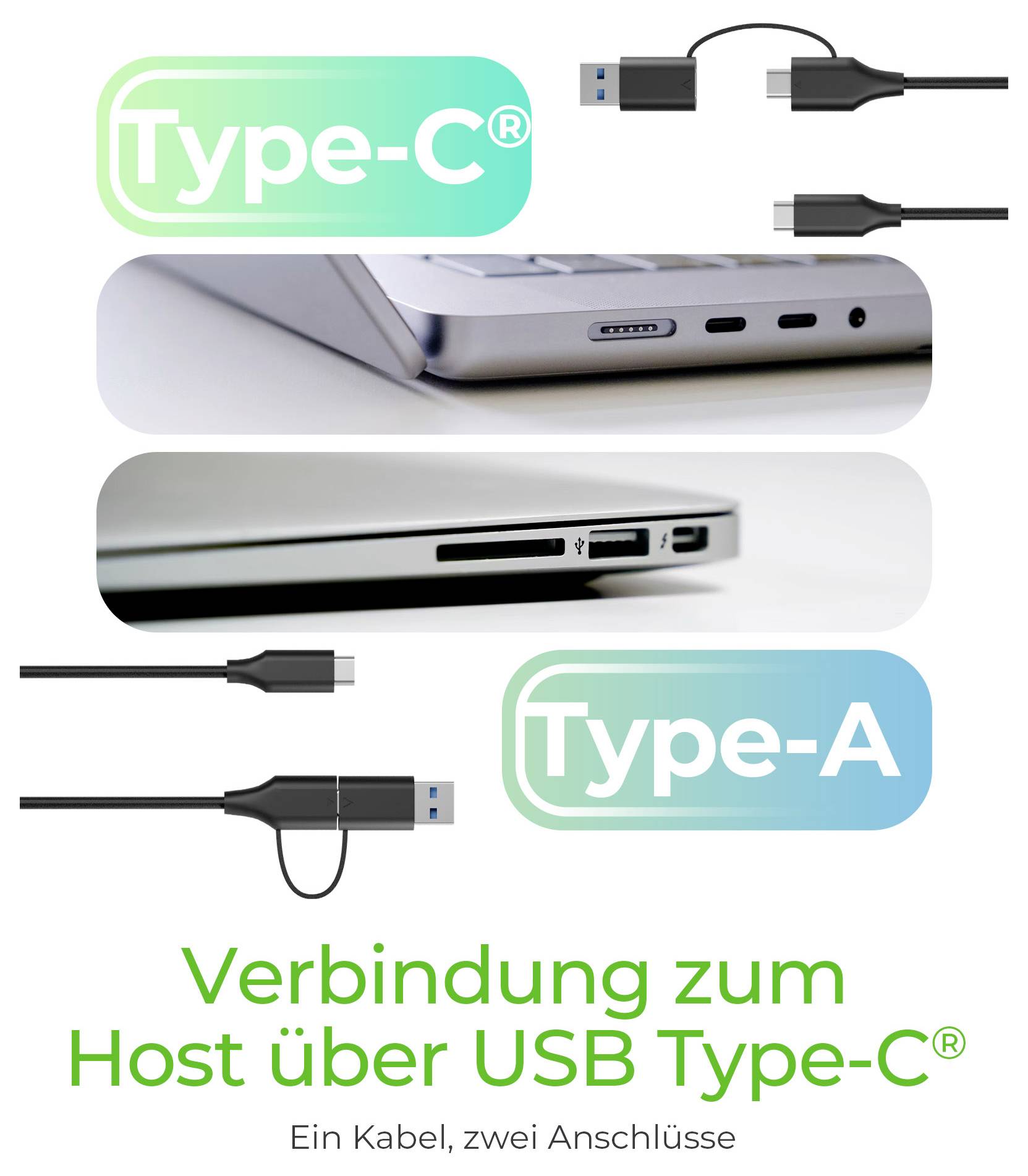 USB-Kabel mit Type-C- und Type-A-Anschlüssen für die Hostverbindung; das Bild zeigt beide Enden und Laptop-Anschlüsse mit deutschem Text „Verbindung zum Host über USB Type-C