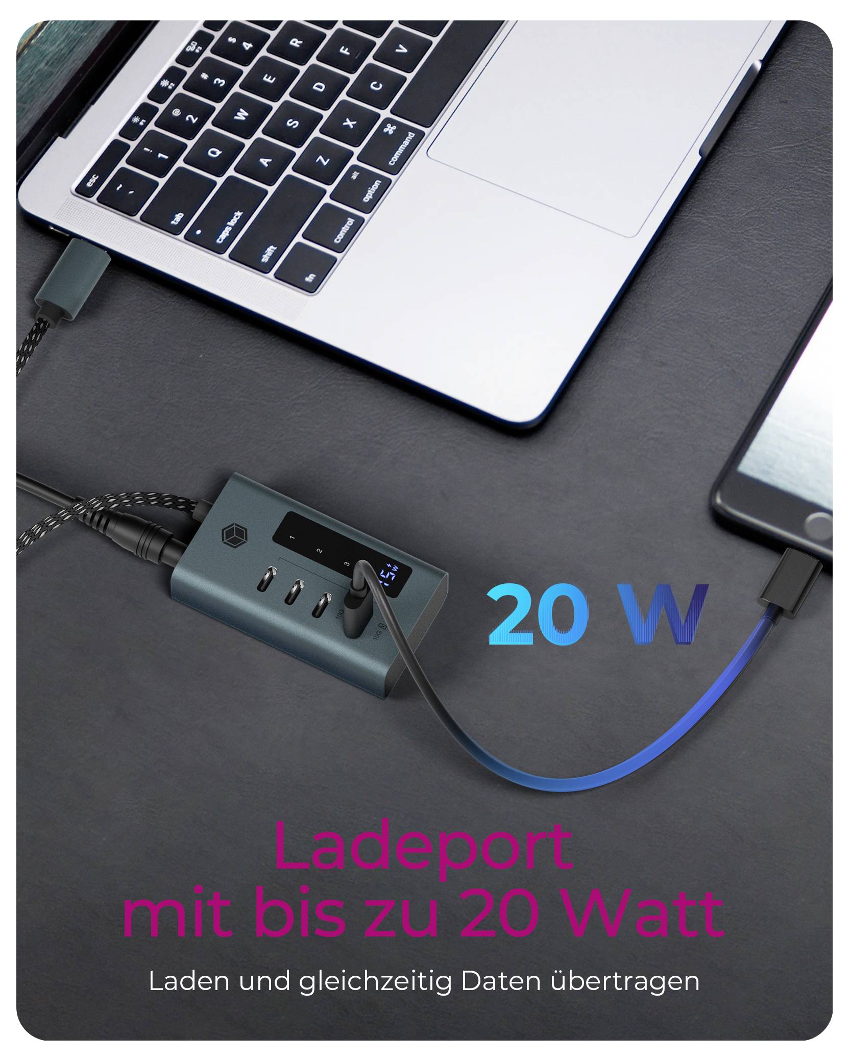 USB-C-Hub verbunden mit einem Laptop, mit der Bezeichnung „20 W