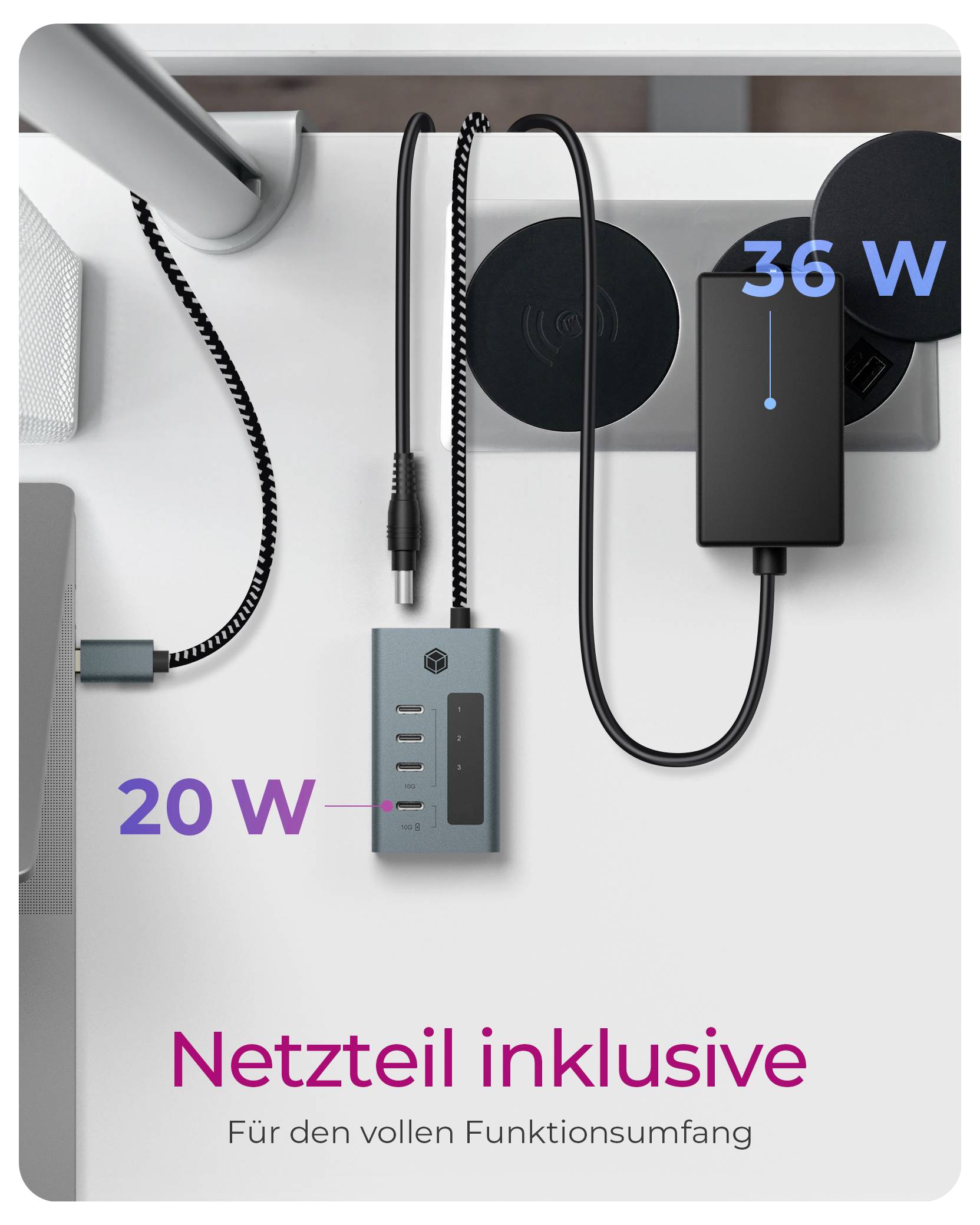 Übergeordnete Produktabbildung einer Schreibtisch-Ladestation mit zwei Stromadaptern mit der Beschriftung 20 W und 36 W, sowie Text „Netzteil inklusive