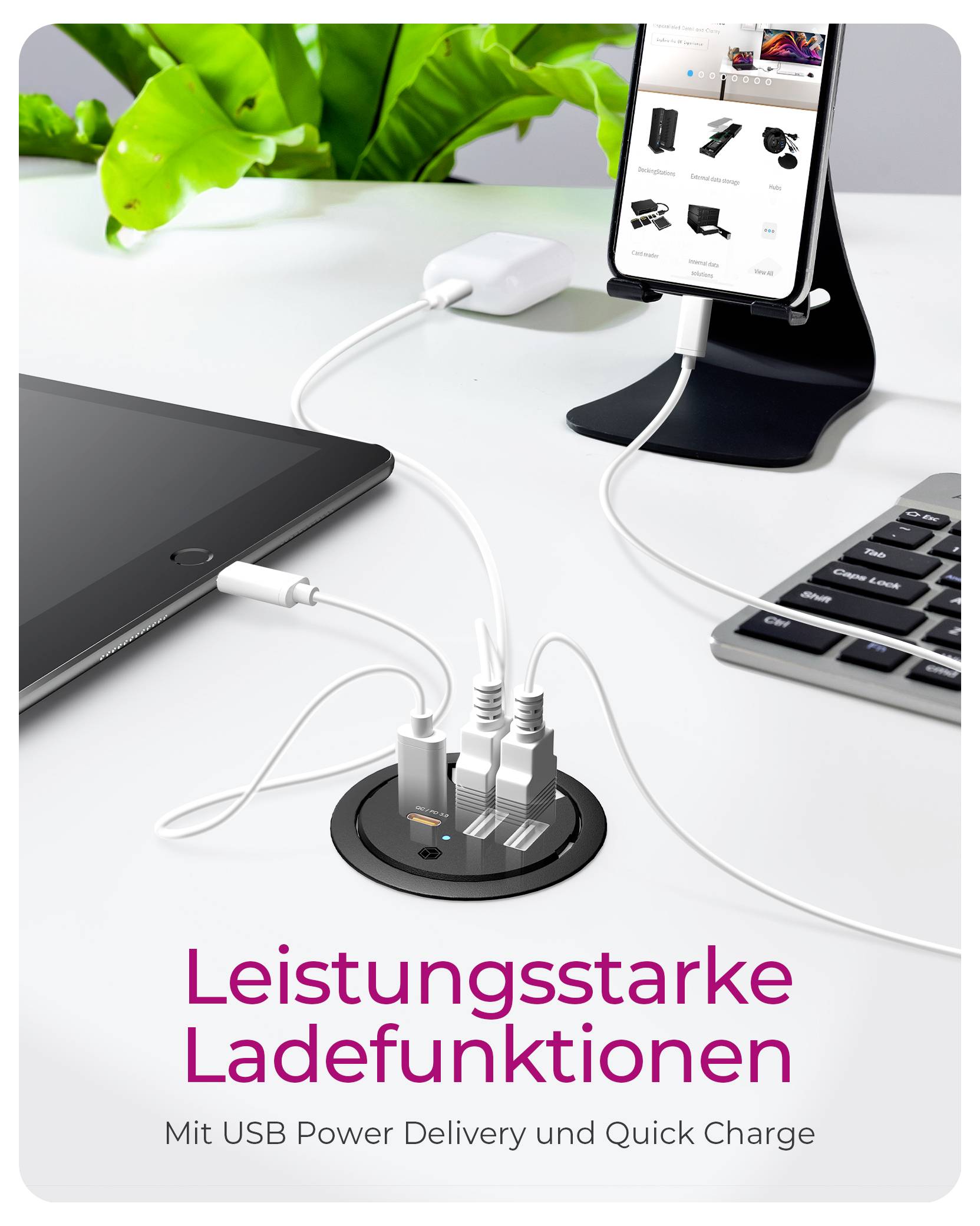Werbegrafik mit mehreren Geräten, die von einem Desktop-USB-Hub geladen werden, mit dem Text „Leistungsstarke Ladefunktionen
