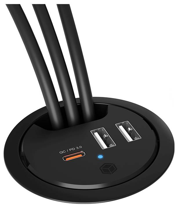 Schwarze runde Desktop-Kabeldurchführung mit drei Kabeln, zwei USB-A-Anschlüssen, einem USB-C-Anschluss mit der Bezeichnung „QC/PD 3.0