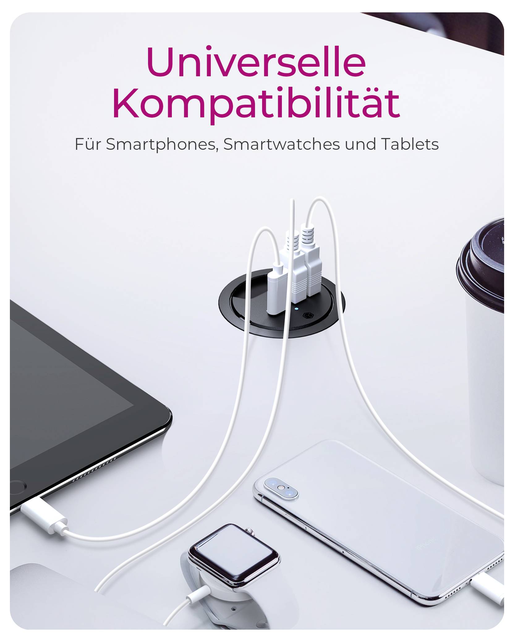 Kabellose Ladestation mit Kabeln, die ein Smartphone, eine Smartwatch und ein Tablet mit Strom versorgen; der Text lautet „Universelle Kompatibilität