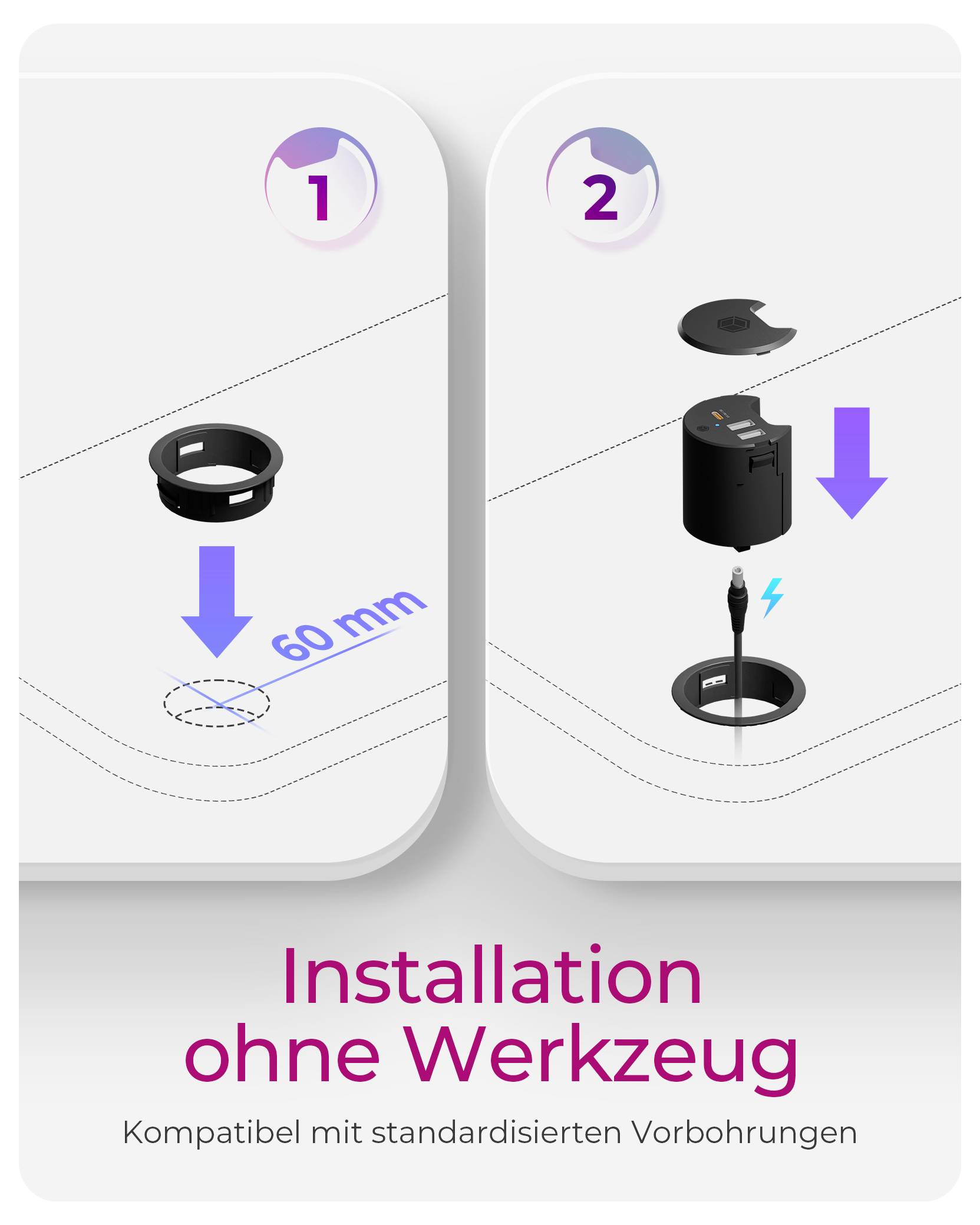 Installationsleitfaden ohne Werkzeuge: Schritt 1 Führen Sie den Ring in ein 60-mm-Vorbohrungsloch ein; Schritt 2 Platzieren Sie das Gerät und senken Sie es in den Ring. Kompatibel mit standardisierten Vorbohrungen.