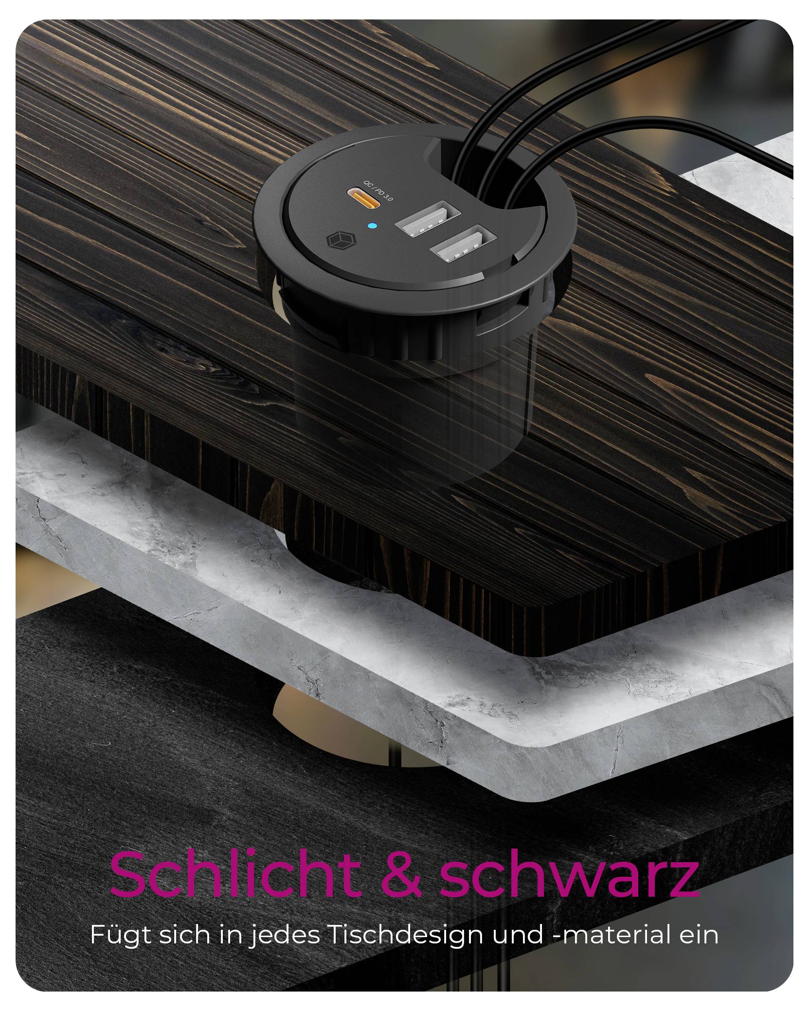 Schwarzes rundes Strommodul mit USB-Anschlüssen, eingebettet in eine Holztischplatte; Text sagt „Schlicht & schwarz