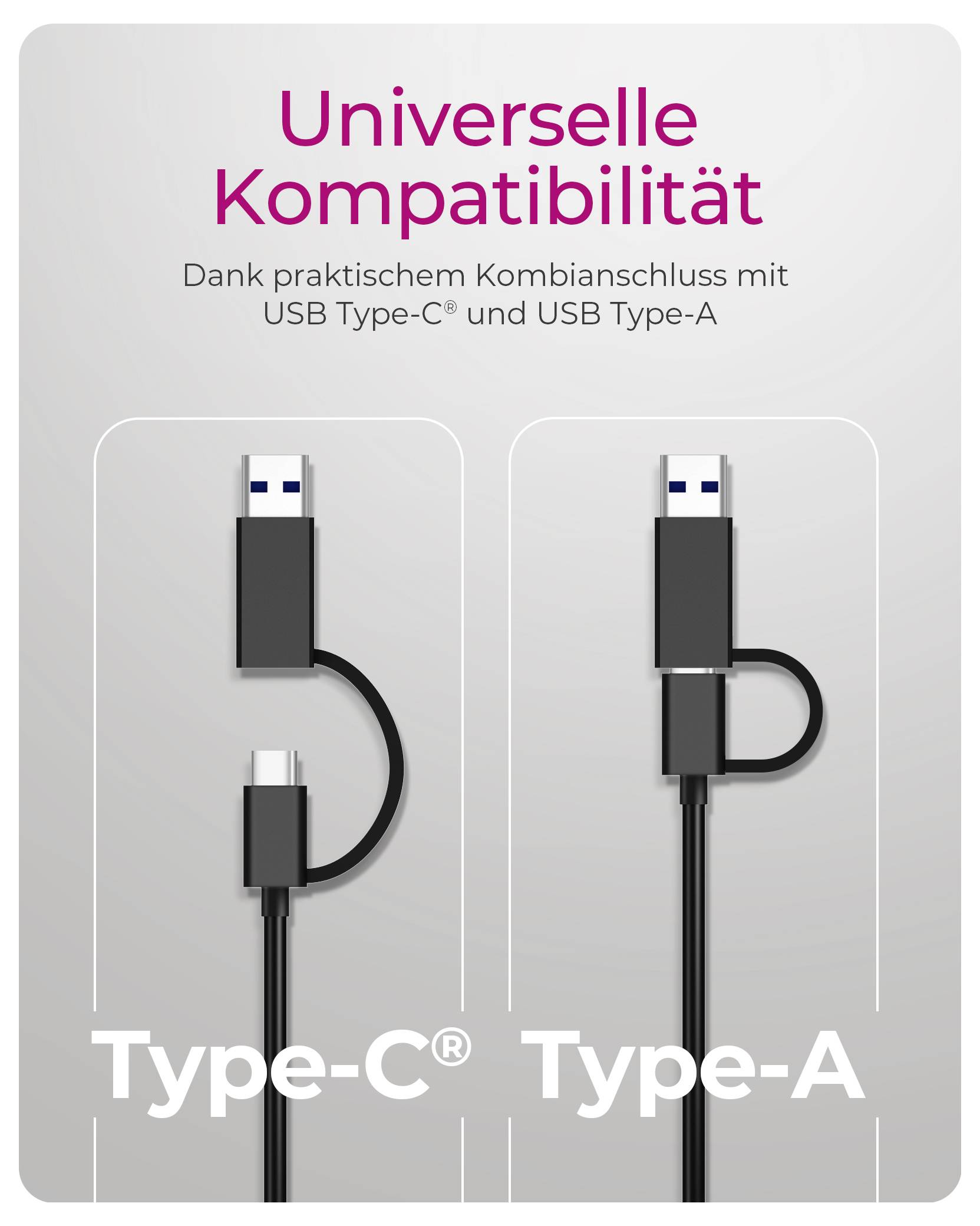 Werbegrafik zur universellen Kompatibilität, die ein Kabel mit einem Kombi-Stecker für USB Type-C und USB Type-A zeigt, beschriftet mit „Type-C