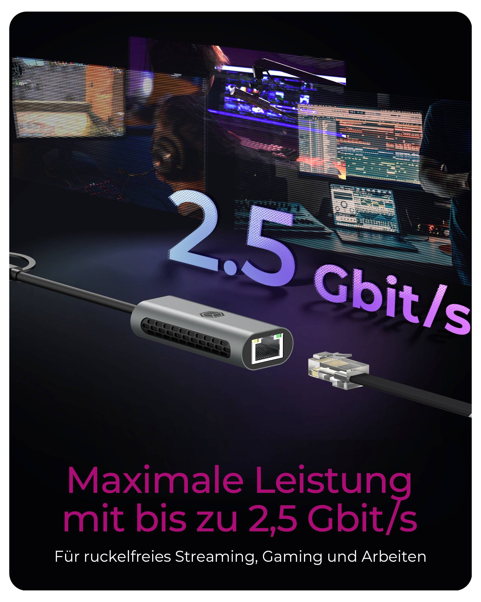 Werbegrafik für 2,5 Gbit/s Ethernet, die einen Netzwerkport und ein Kabel über einem Tech-Arbeitsbereich zeigt, mit dem Text „Maximale Leistung mit bis zu 2,5 Gbit/s