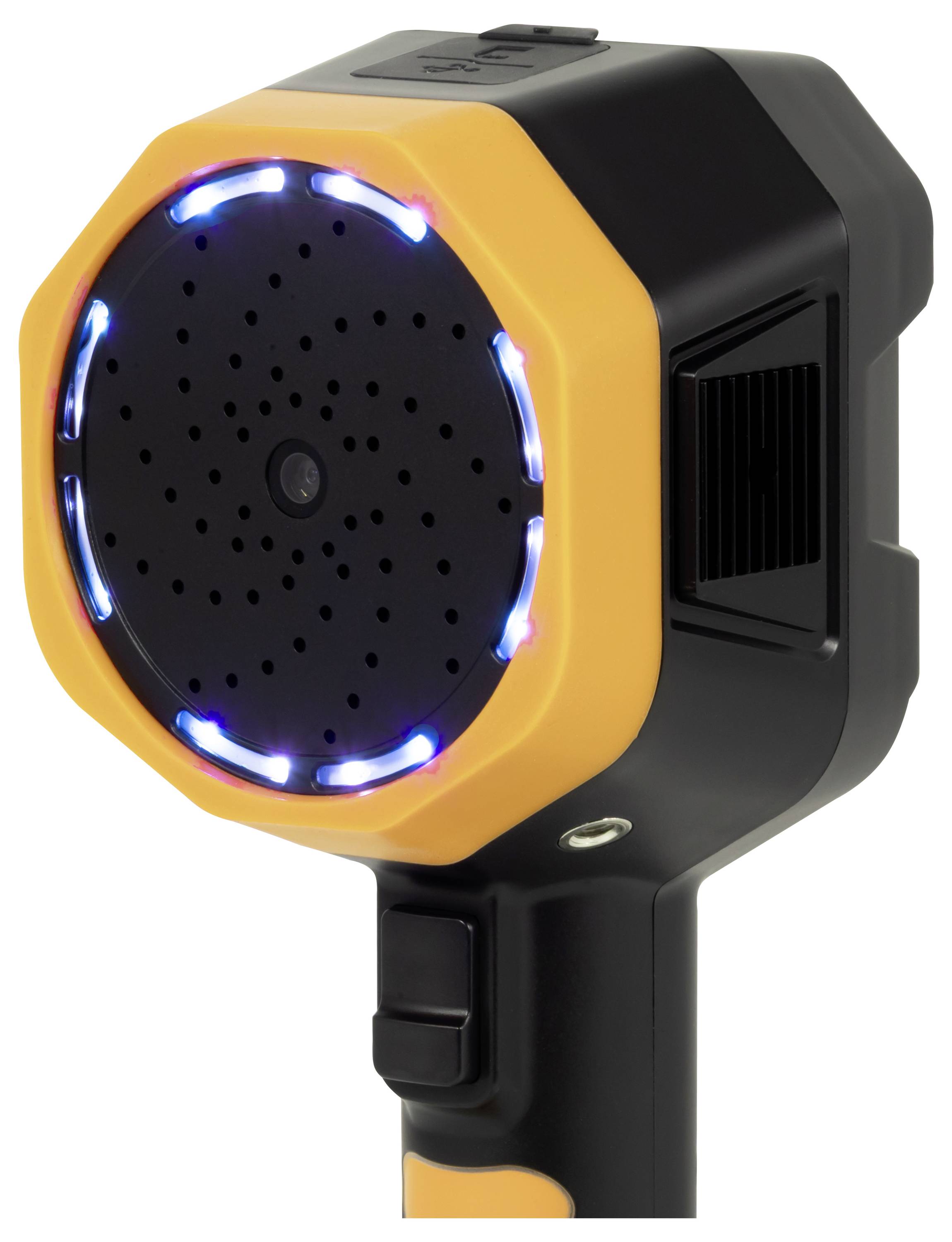 Nahaufnahme eines tragbaren Geräts mit einer runden Lautsprecher- oder Sensorfläche, die von blauen LED-Leuchten umrissen ist, und einem orange-schwarzen Gehäuse.