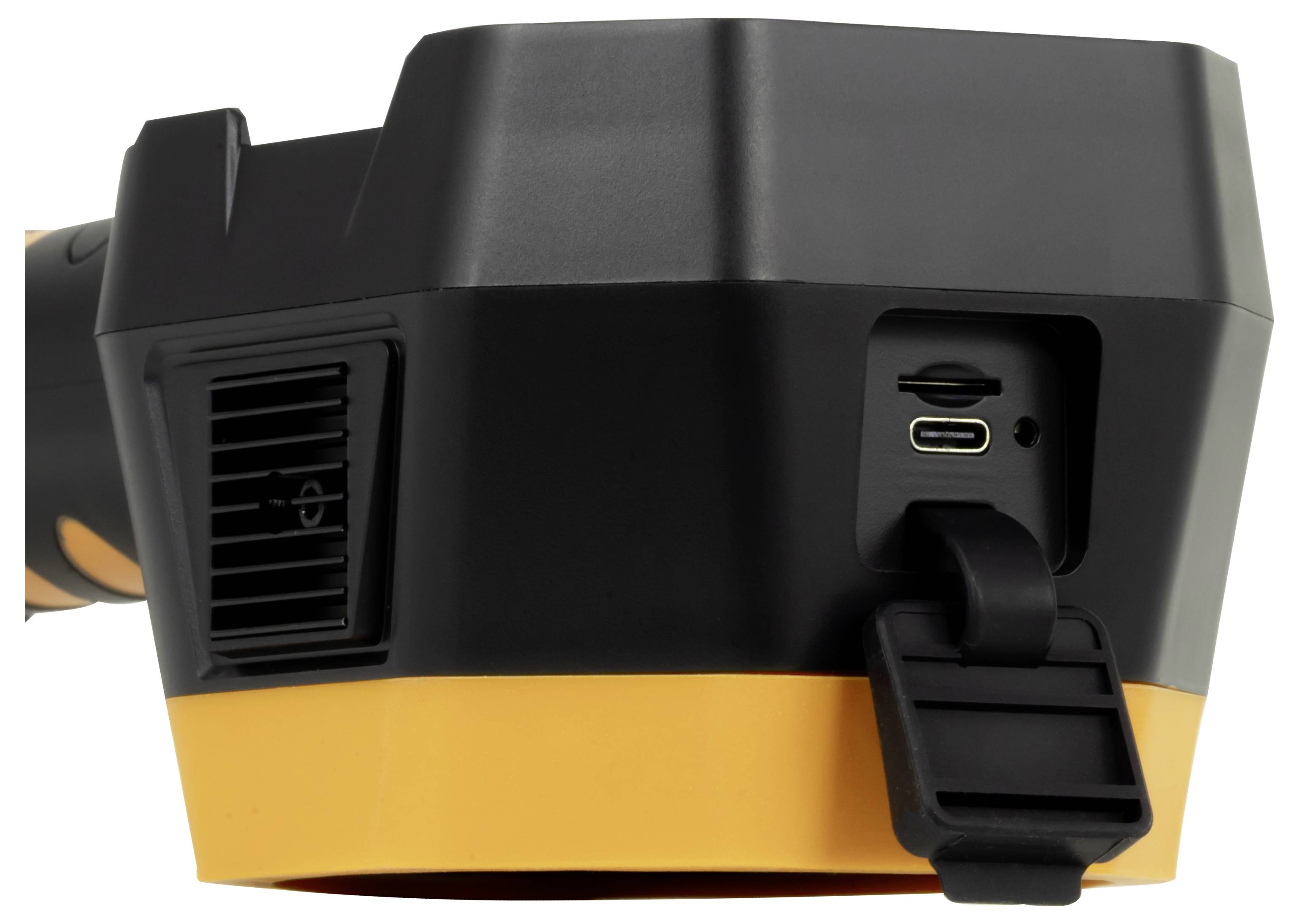 Nahaufnahme eines schwarzen und orangefarbenen tragbaren Geräts mit einer Belüftungsöffnung, USB-C-Anschluss und klappbarem Deckel an der Seite.
