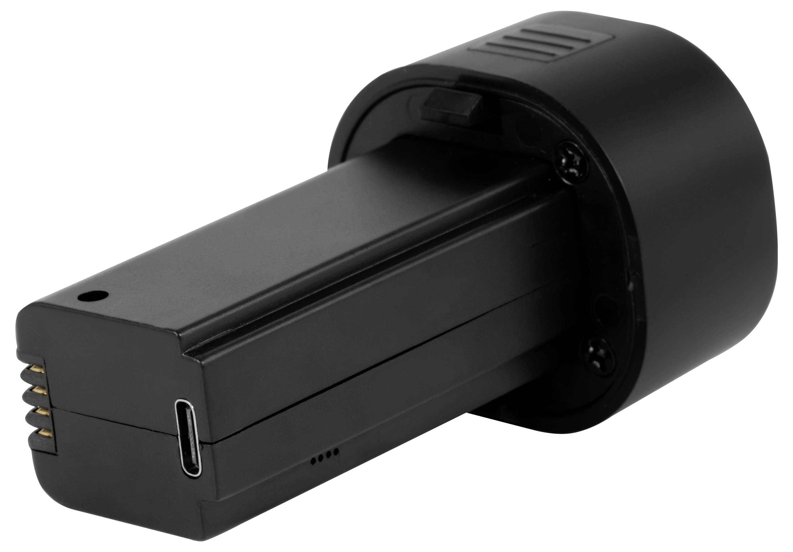 Schwarzes wiederaufladbares Batteriepaket mit USB-C-Anschluss und freiliegenden Steckkontakten, gezeigt vor weißem Hintergrund.