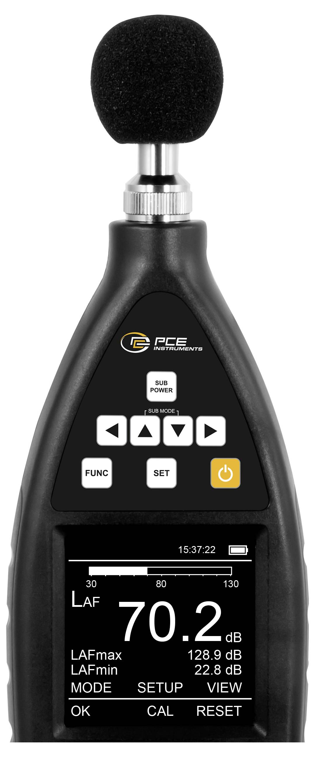 Tragbares Schallpegelmessgerät mit Schaummikrofon, Steuertasten und digitaler Anzeige mit 70,2 dB LAF.