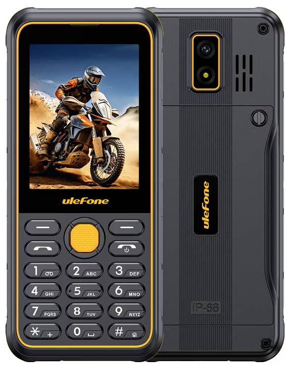 Vorder- und Rückansicht eines robusten Ulefone-Tastentelefons mit Tastatur und Motorradbild auf dem Display, gezeigt in Schwarz und Orange.