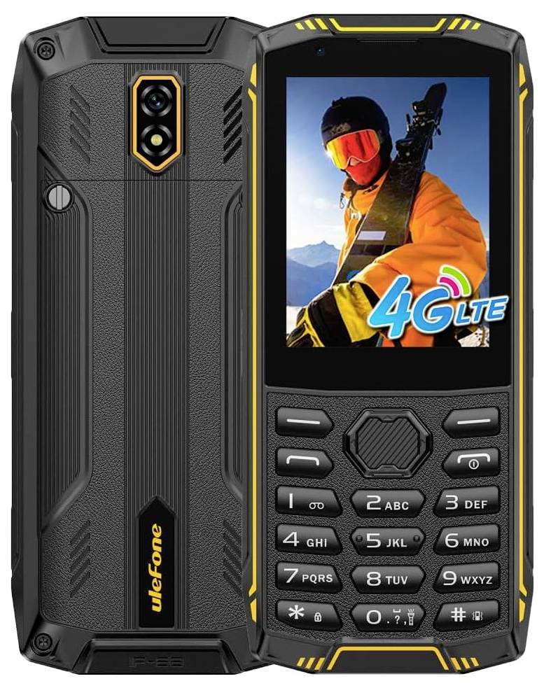 Robustes schwarzes Ulefone-Feature-Phone von vorne und hinten gezeigt, mit physischer Tastatur, Dual-Rückkamera und Bildschirm, auf dem ein Skifahrer mit „4G LTE