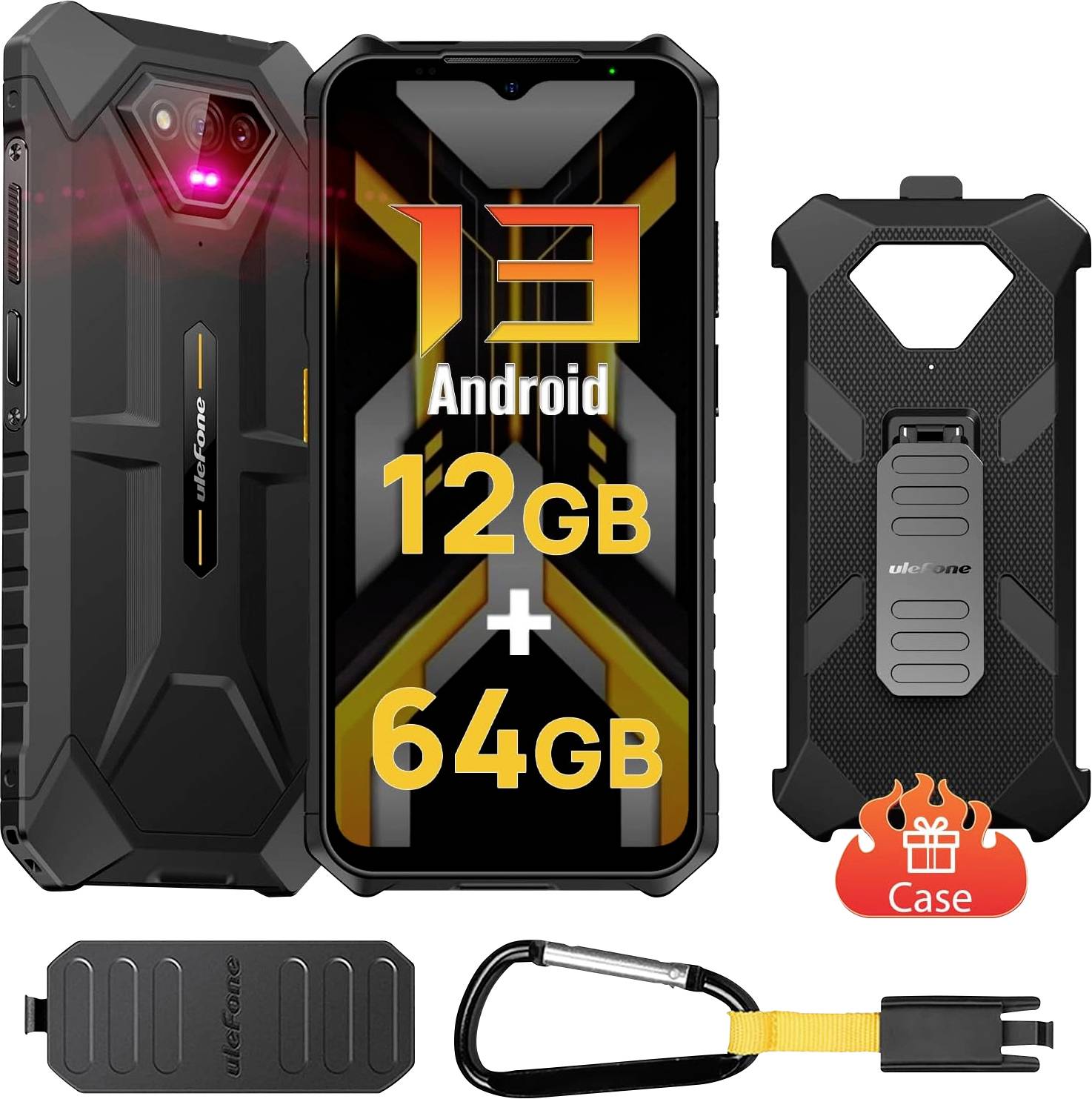 Robustes Ulefone Android-Telefon von vorne und hinten gezeigt, mit Text „12GB + 64GB