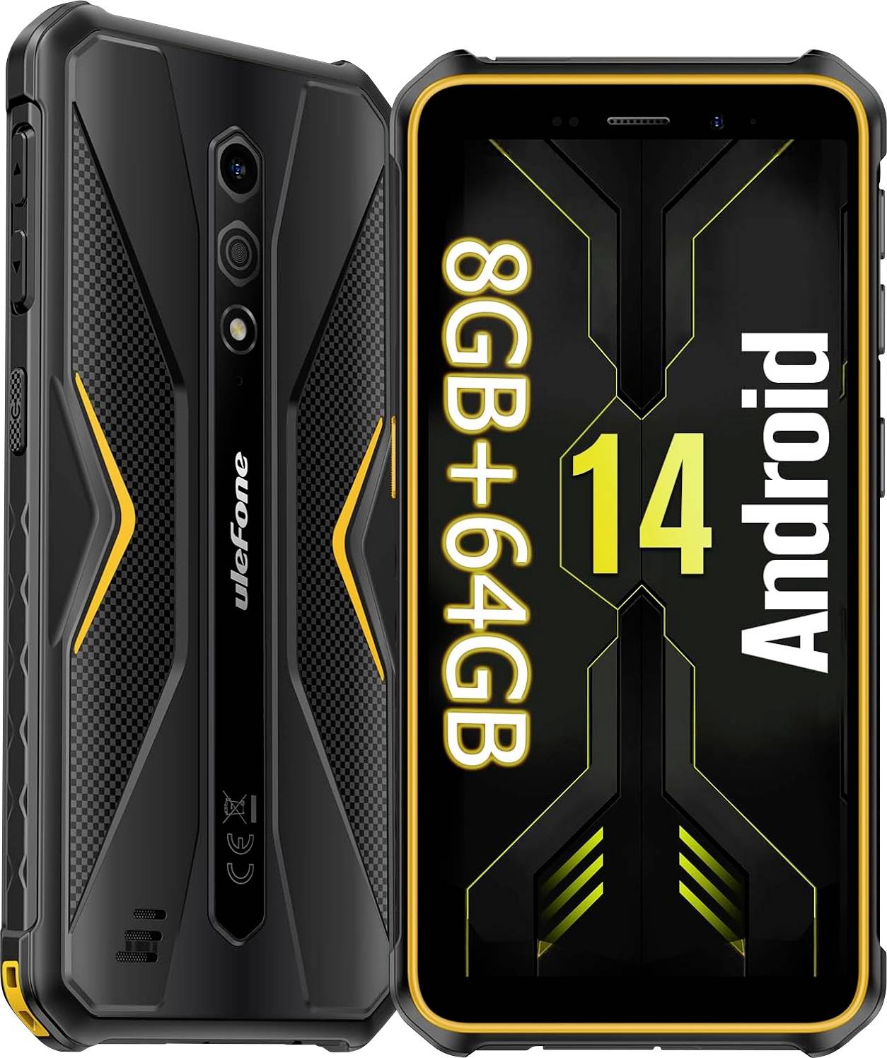 Front- und Rückansichten eines robusten schwarzen Ulefone-Smartphones mit 