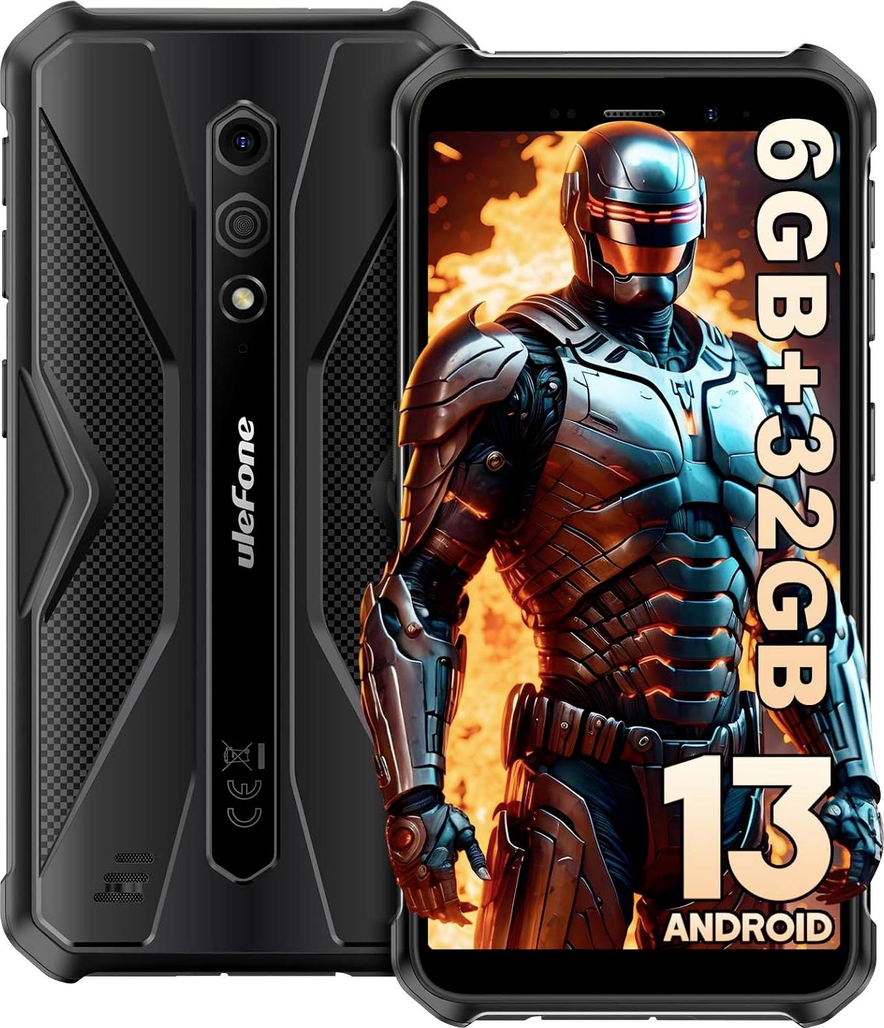 Robustes Ulefone-Smartphone von vorne und hinten gezeigt, mit einer Bildschirmanzeige, die 