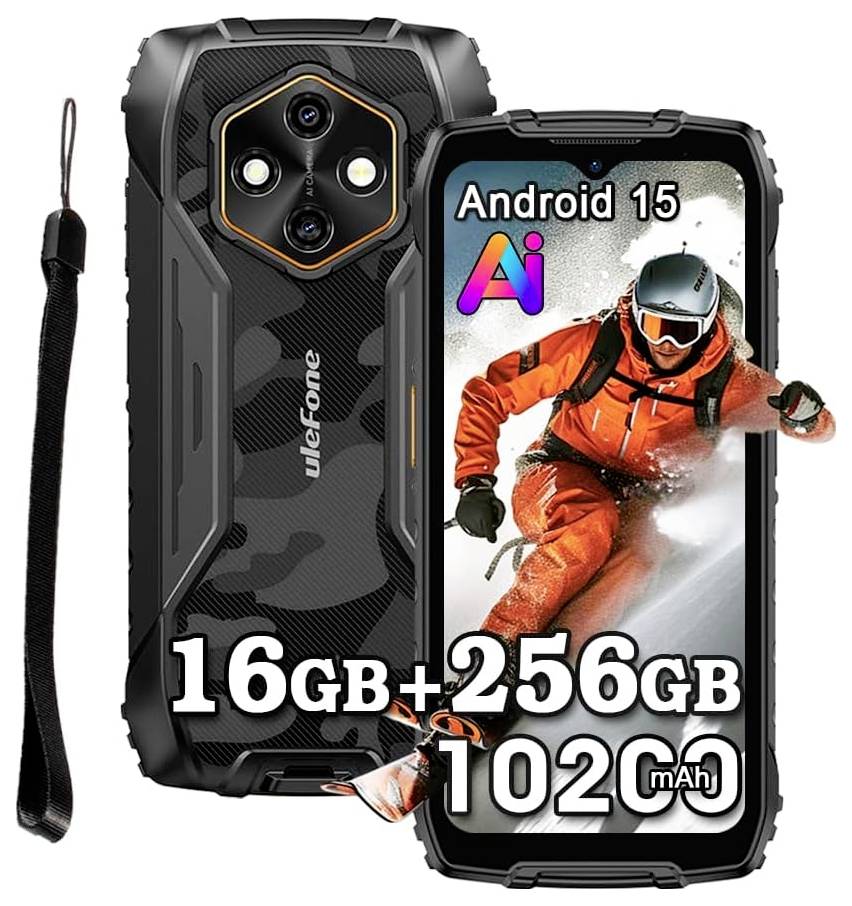 Robustes schwarzes Ulefone-Smartphone von vorne und hinten gezeigt, mit Riemen und orangefarbenem Skifahrer-Display; Text hebt Android 15 AI, 16GB+256GB und 10.200-mAh-Akku hervor.