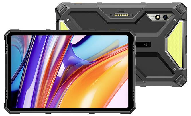 Robustes schwarzes Tablet von vorne und hinten gezeigt, mit farbenfrohem abstraktem Display auf der Vorderseite und sichtbarer Rückfahrtkamera und Anschlüssen auf der Rückseite.