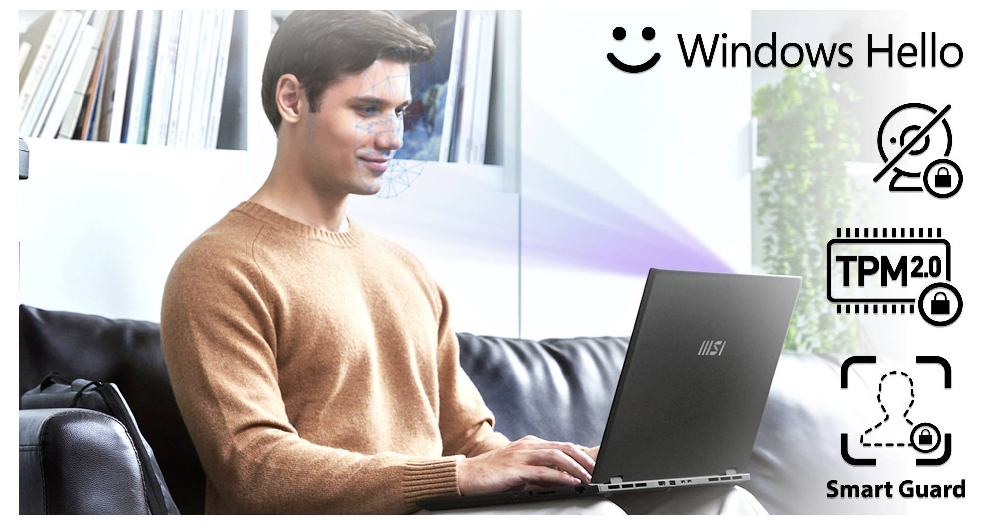Mann, der auf einer Couch einen Laptop benutzt, mit Windows Hello und Sicherheitsfunktionssymbolen, die eine sichere Gesichtserkennung, TPM 2.0 und Smart Guard anzeigen.