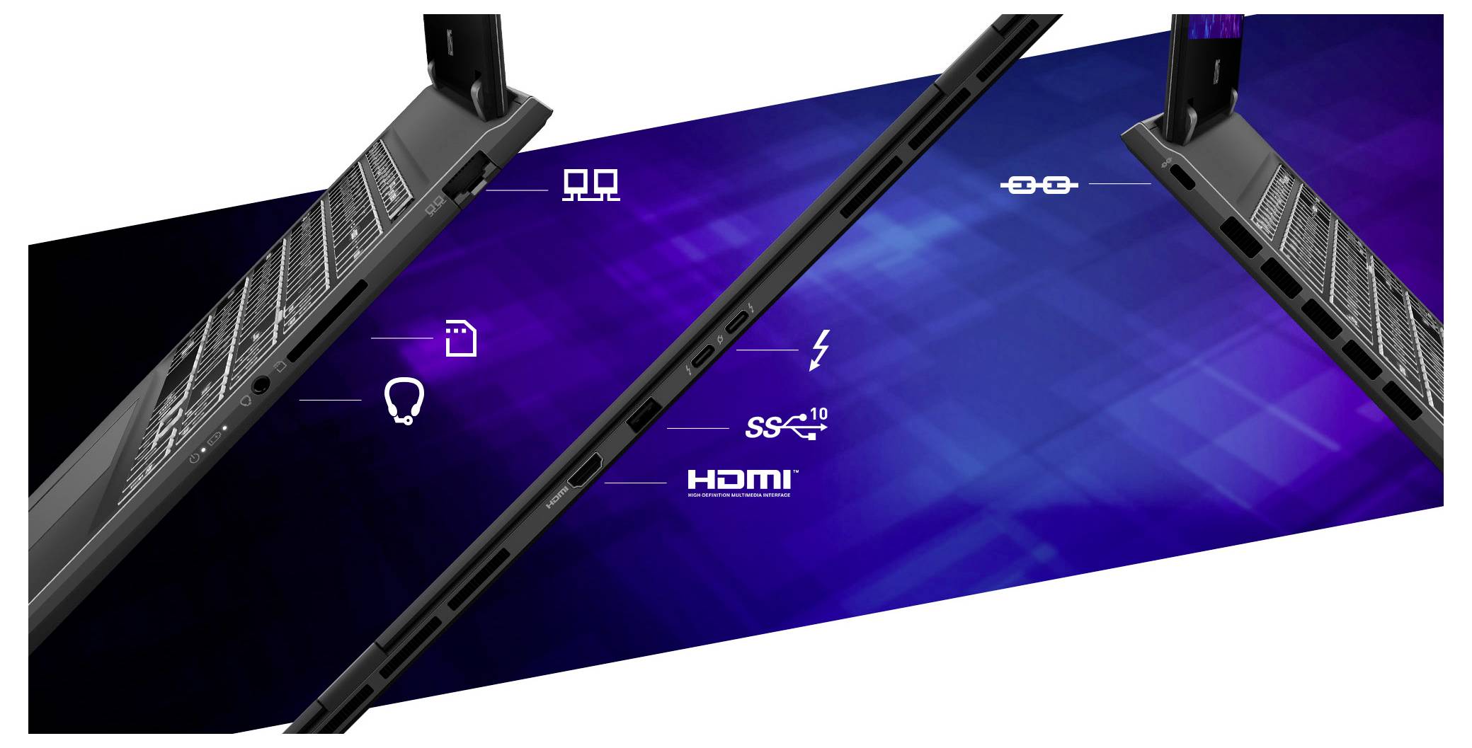 Drei angewinkelte Nahaufnahmen der hinteren/seitlichen Anschlüsse eines schlanken Monitors auf einem blau-violetten Farbverlaufshintergrund, die Konnektivitätssymbole einschließlich HDMI, USB-C/SS und Display-Ausgänge hervorheben.