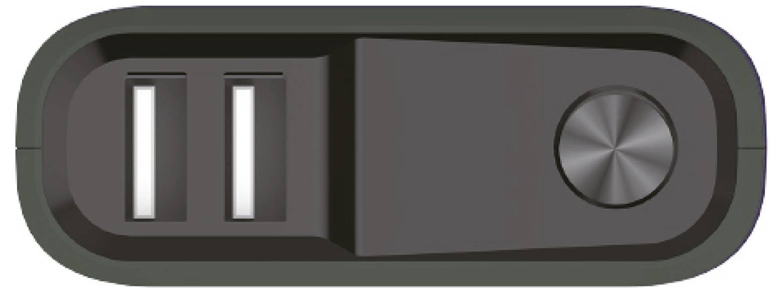 Minimalistische schwarze Powerbank mit zwei USB-Anschlüssen auf der linken Seite und einem runden Knopf oder Indikator auf der rechten Seite.