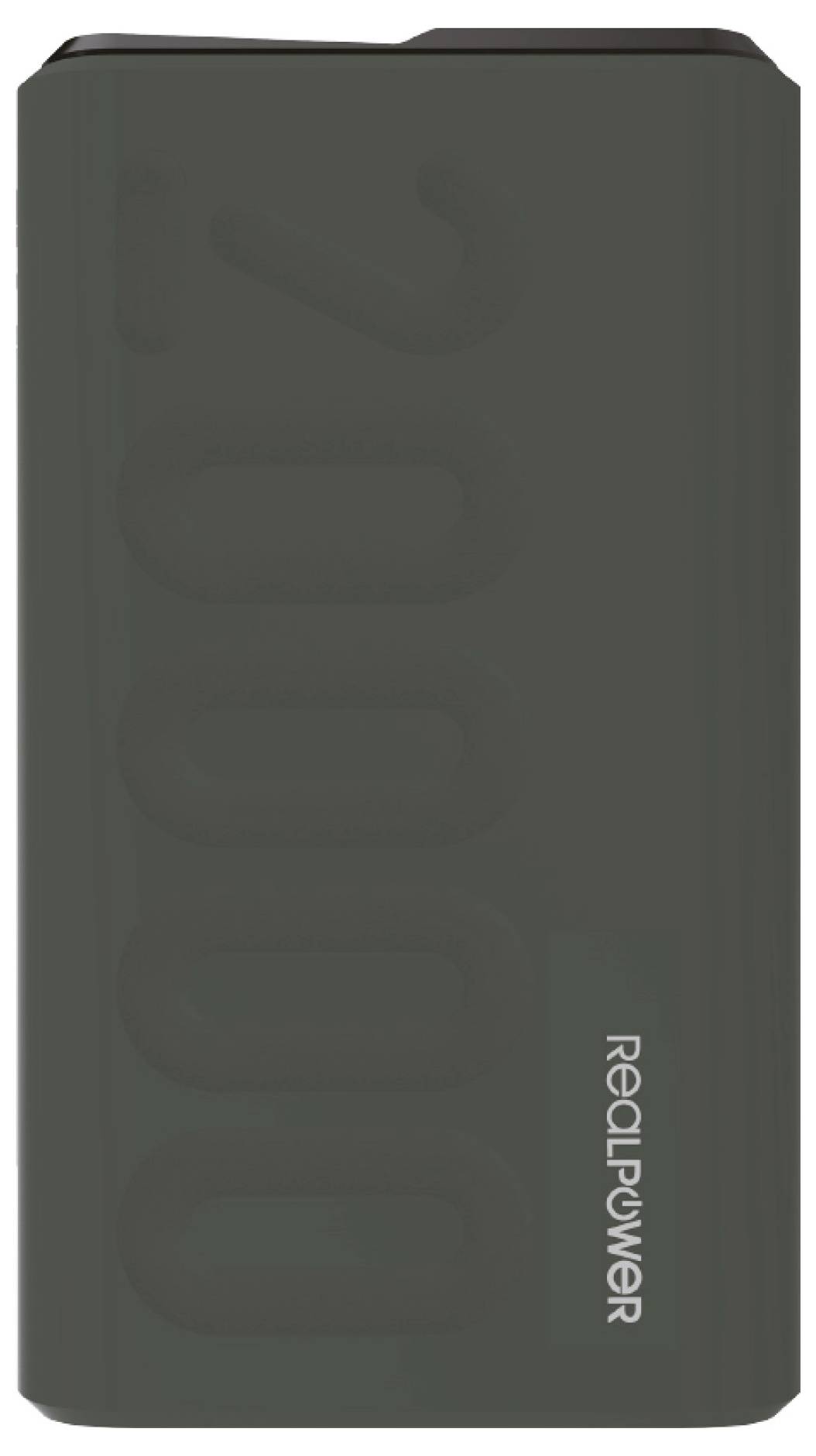 Dunkelgraue rechteckige Reclipower-Powerbank mit abgerundeten Ecken und geprägtem Logo, vertikal vor weißem Hintergrund dargestellt.