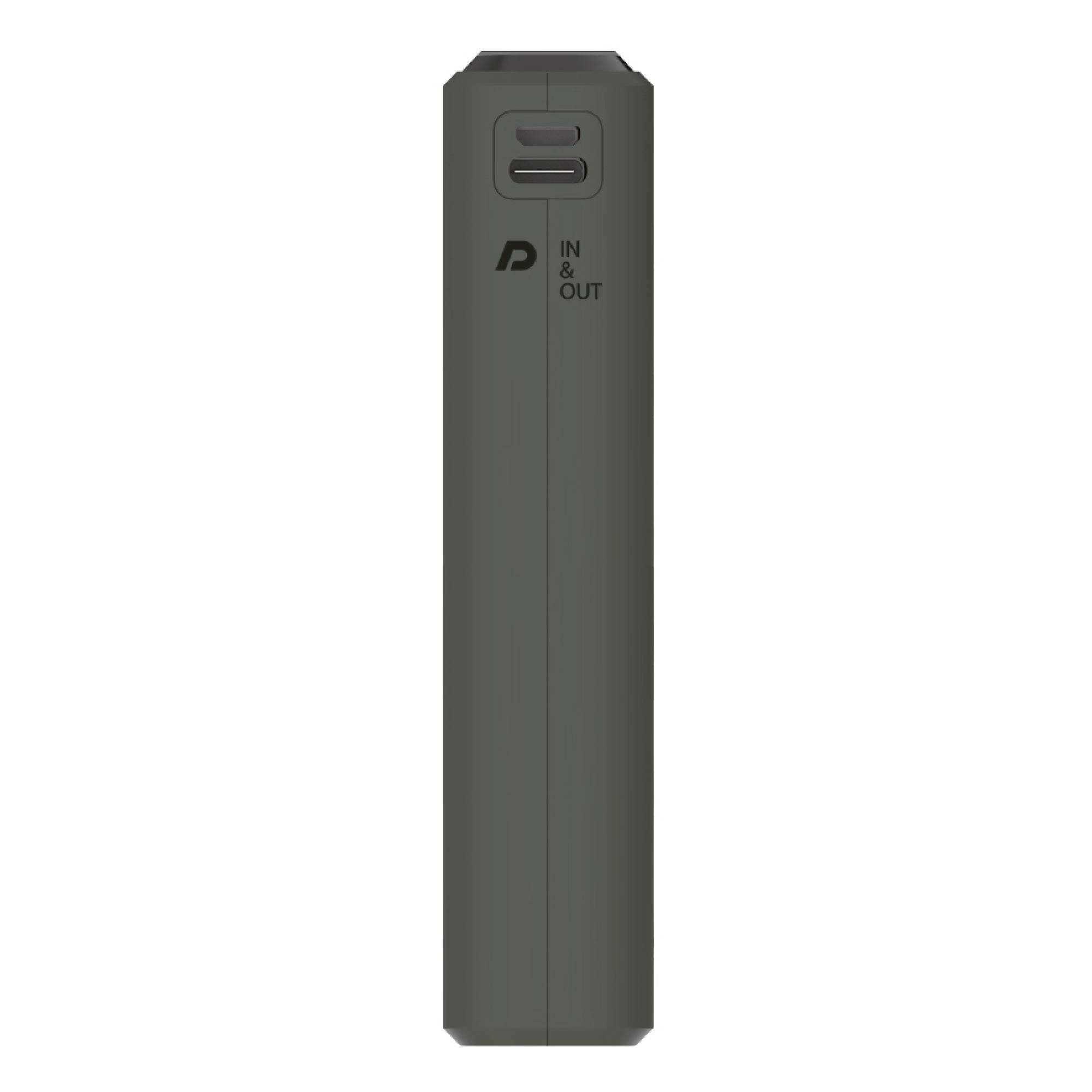 Schlanke dunkelgraue Powerbank mit USB-C-Ein- und -Ausgängen, mit den Beschriftungen „IN & OUT
