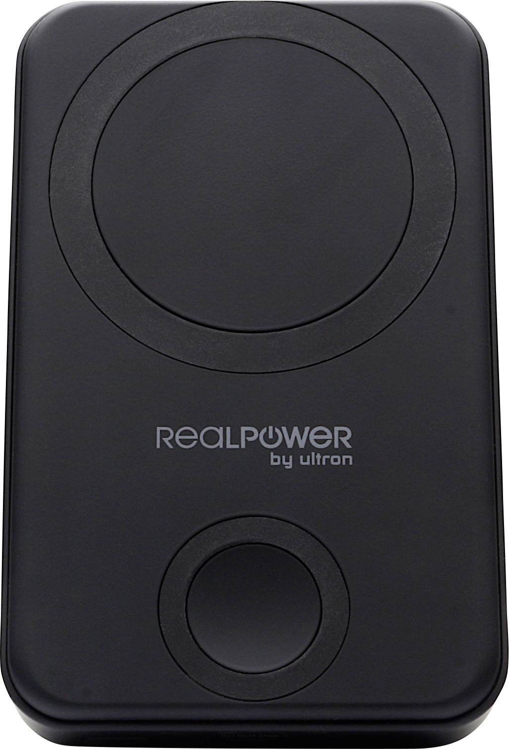 Schwarze RealPower von Ultron Powerbank mit großem kreisförmigem Bedienfeld oben und kleinerer kreisförmiger Schaltfläche in der Nähe des unteren Bereichs.