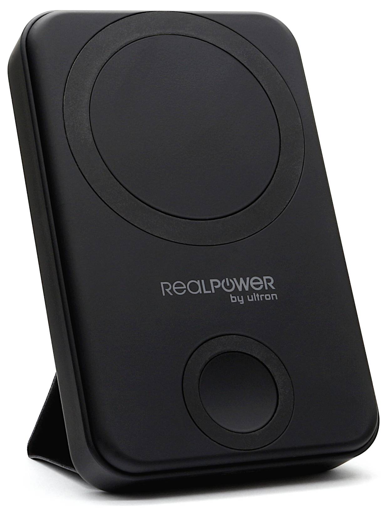 Black RealPower by Ultron wireless charging stand mit einer kreisförmigen Ladepad und vorderer LED-Anzeige.
