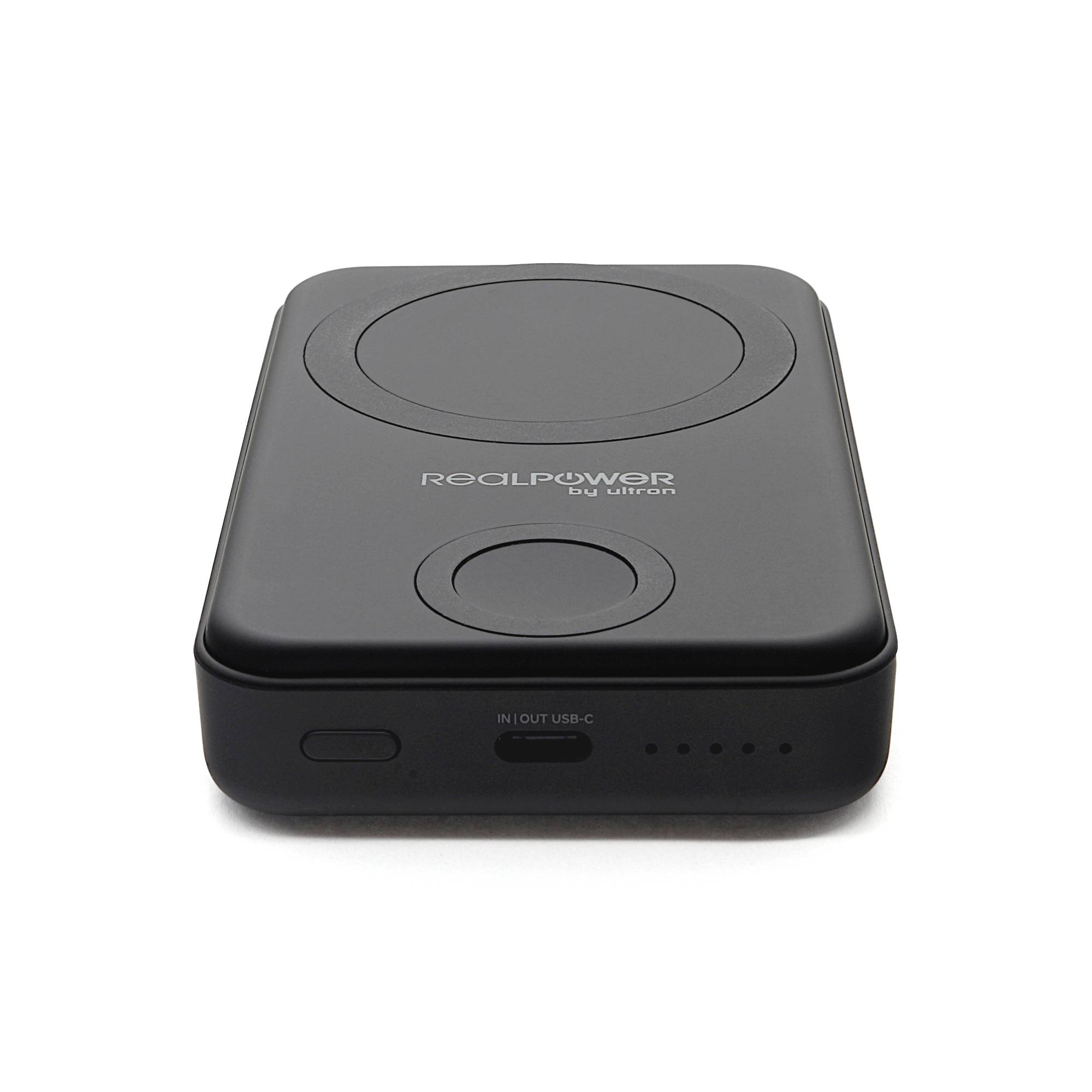 Schwarze Belkin MagSafe kabellose Ladebank mit kreisförmigen Ladepads und USB-C-Anschluss auf der Vorderseite.