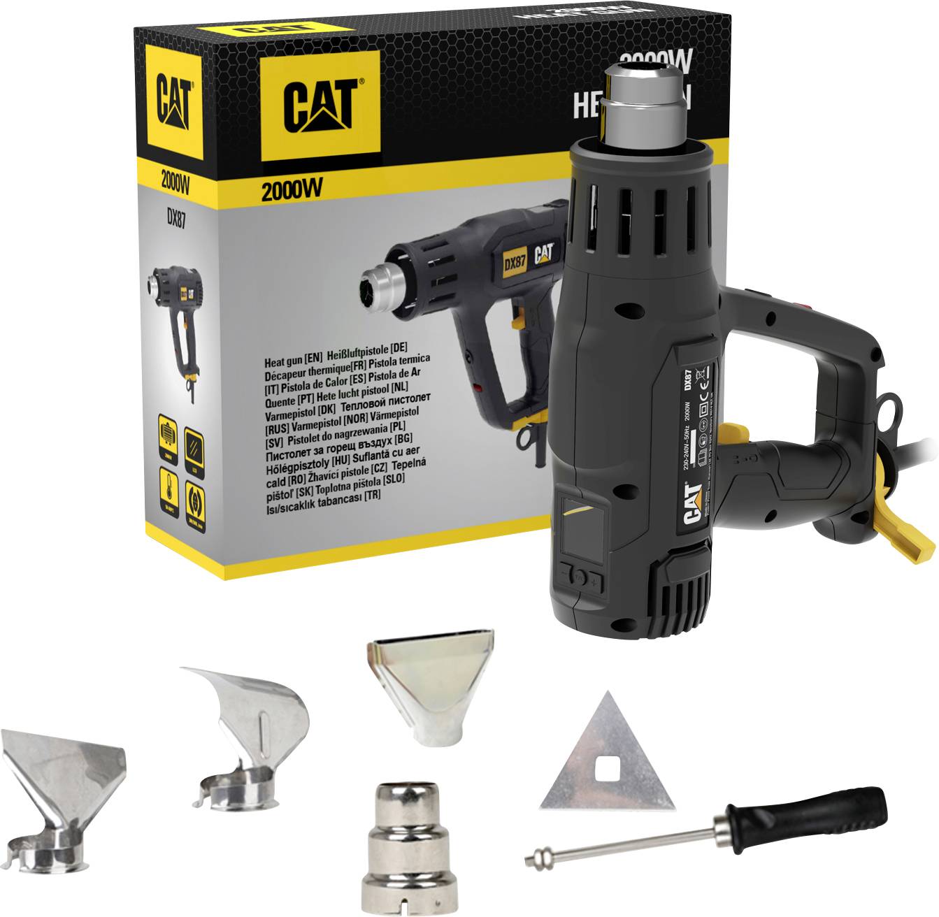 CAT 2000W Heißluftpistole mit Karton, gezeigt mit Düsenaufsätzen und einem Schaberwerkzeug auf weißem Hintergrund.
