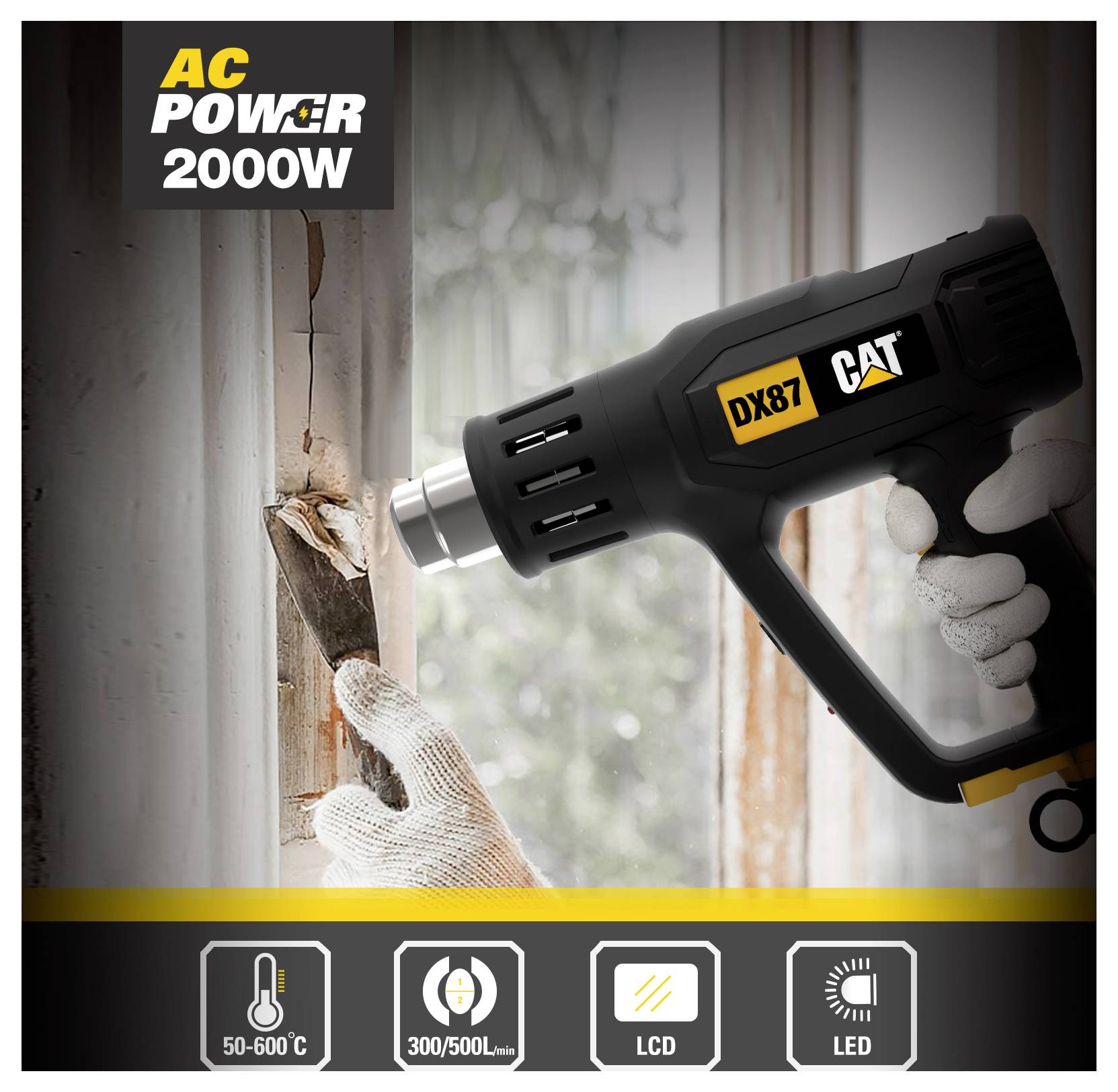 CAT DX87 schnurlose Heißluftpistole beim Entfernen von Farbe von einem Fensterrahmen, gekennzeichnet mit „AC STROMVERSORGUNG 2000W
