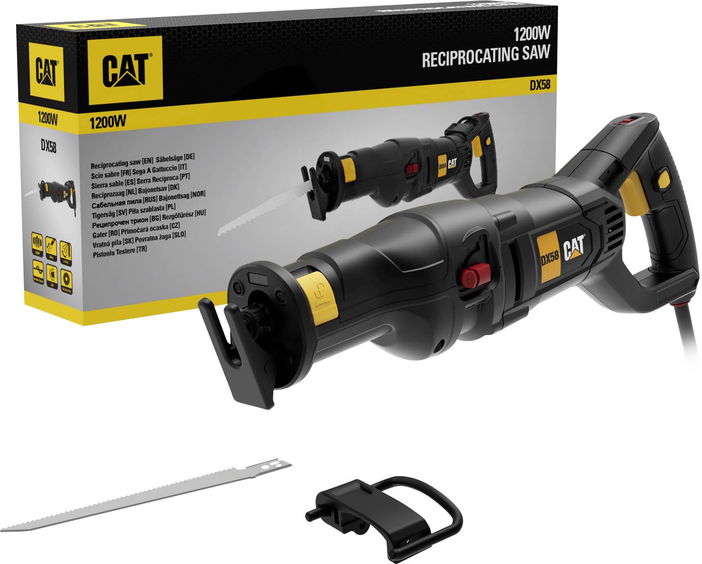CAT 1200W Säbelsäge mit Karton, Sägeblatt und Griff-Zubehör.