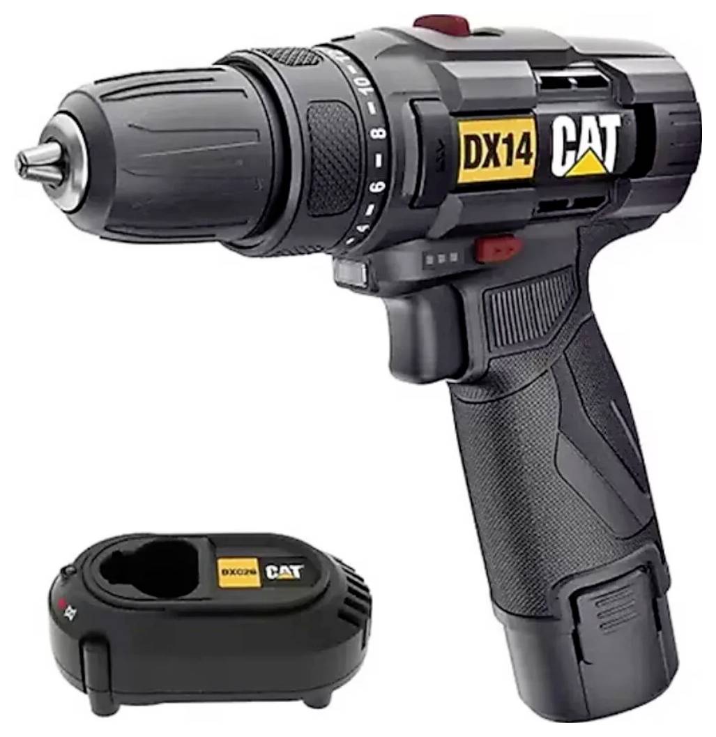Schwarze CAT DX14 Akku-Bohrmaschine mit Ladegerät, dargestellt mit der Bohrmaschine und der Ladebasis auf weißem Hintergrund.