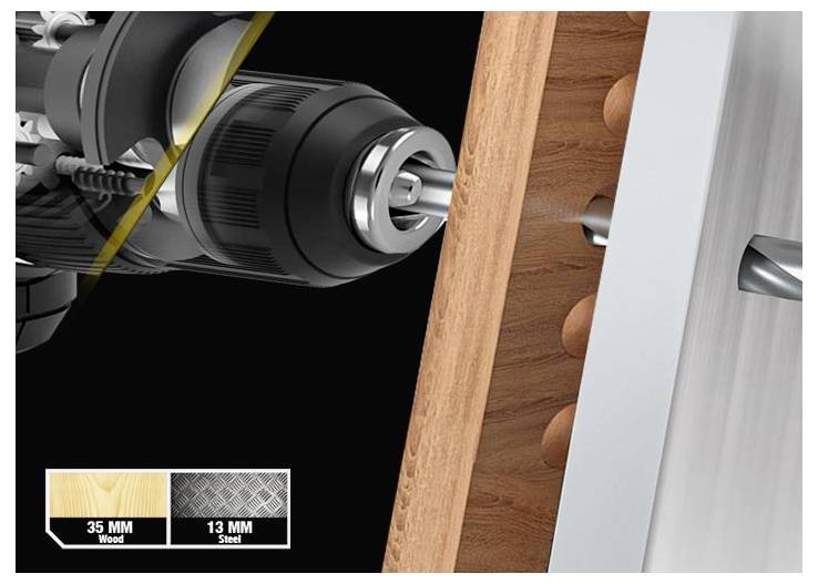 Bohraufsatz durchschneidet Holz und Stahl, mit einer Kennzeichnung, die eine Kapazität von 35 mm Holz und 13 mm Stahl angibt.