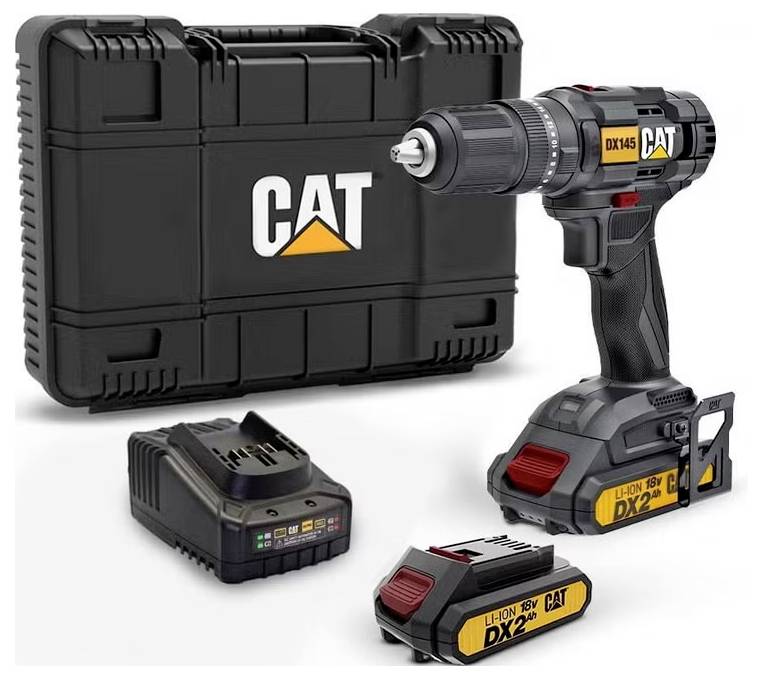 CAT kabelloses Bohrerset mit Hartkoffer, Akku, Ladegerät und 18-V-Lithium-Ionen-Akkupack auf weißem Hintergrund.