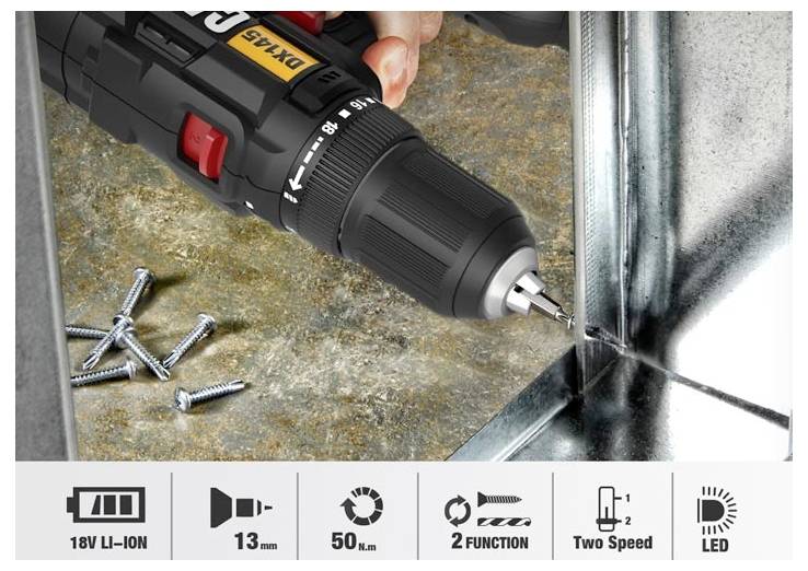 Kabelloses DeWalt-Bohrgerät treibt eine Schraube in Metall, mit zusätzlichen Schrauben in der Nähe und Symbolen zeigen 18V Li-Ionen, 13 mm, 50 Nm, 2 Funktionen, zwei Geschwindigkeiten und LED.
