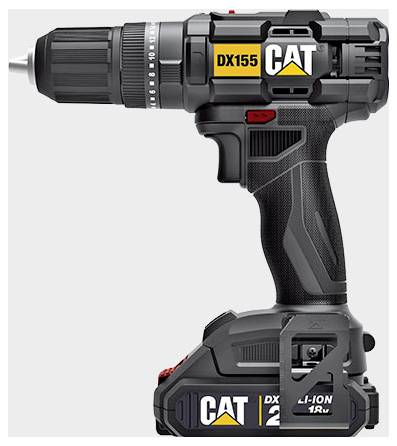 Schwarze CAT Akku-Bohrmaschine mit Akkupack, gekennzeichnet mit 