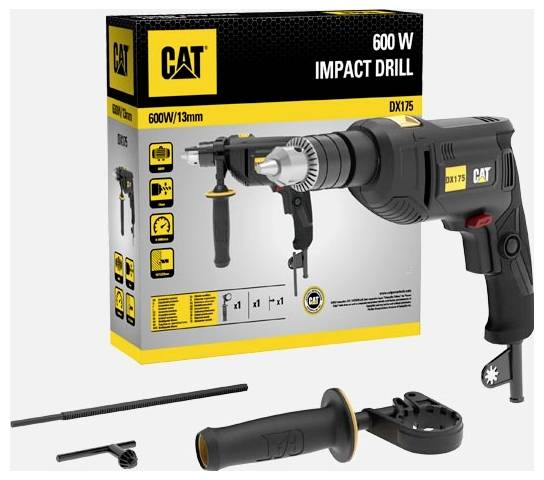 CAT 600 W Schlagbohrer-Set gezeigt mit Karton, Seitengriff, Tiefenstopp und Bohrfutter-Zubehör.