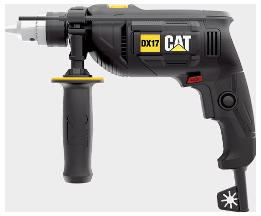 Schwarze CAT DX17 Elektrobohrmaschine mit Kabel und Seitenhalt, in Seitenansicht auf einfachem Hintergrund dargestellt.