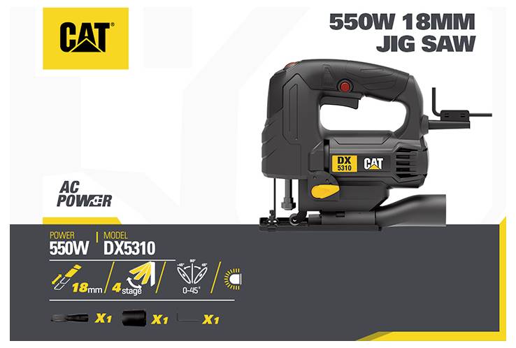 CAT 550W 18mm Stichsäge, Modell DX5310, mit Stromversorgung und wichtigen Spezifikationen: 4-stufiges Pendel, 0-45° Neigung und mitgeliefertem Zubehör.