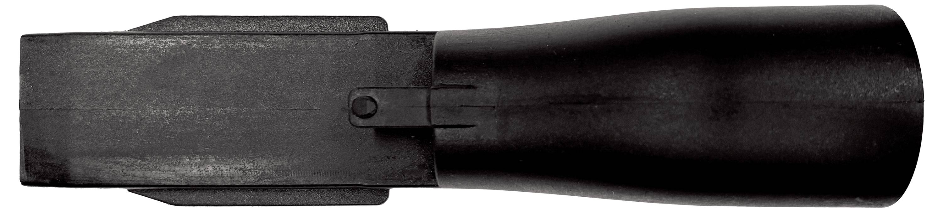 Schwarze Taschenlampe Seitenansicht mit rechteckigem Kopf und großem zylindrischem Griff auf weißem Hintergrund