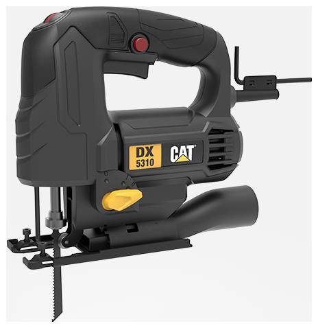 Schwarz-gelbe CAT DX 5310 elektrische Stichsäge mit Sägeblatt, Seitengrifff und Stromkabel auf weißem Hintergrund.