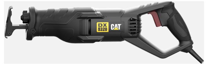 CAT DX320 elektrische Reciprosäge mit schwarzem Gehäuse, gelbem Logo und rotem Schalt-Handgriff, Seitenansicht auf weißem Hintergrund