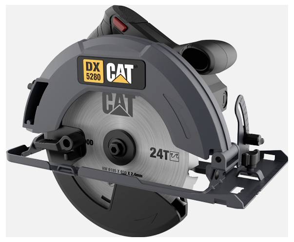 CAT DX 5280 Kreissäge mit silberner Sägeblatt, schwarzem Schutzblech und Griff, auf weißem Hintergrund gezeigt.